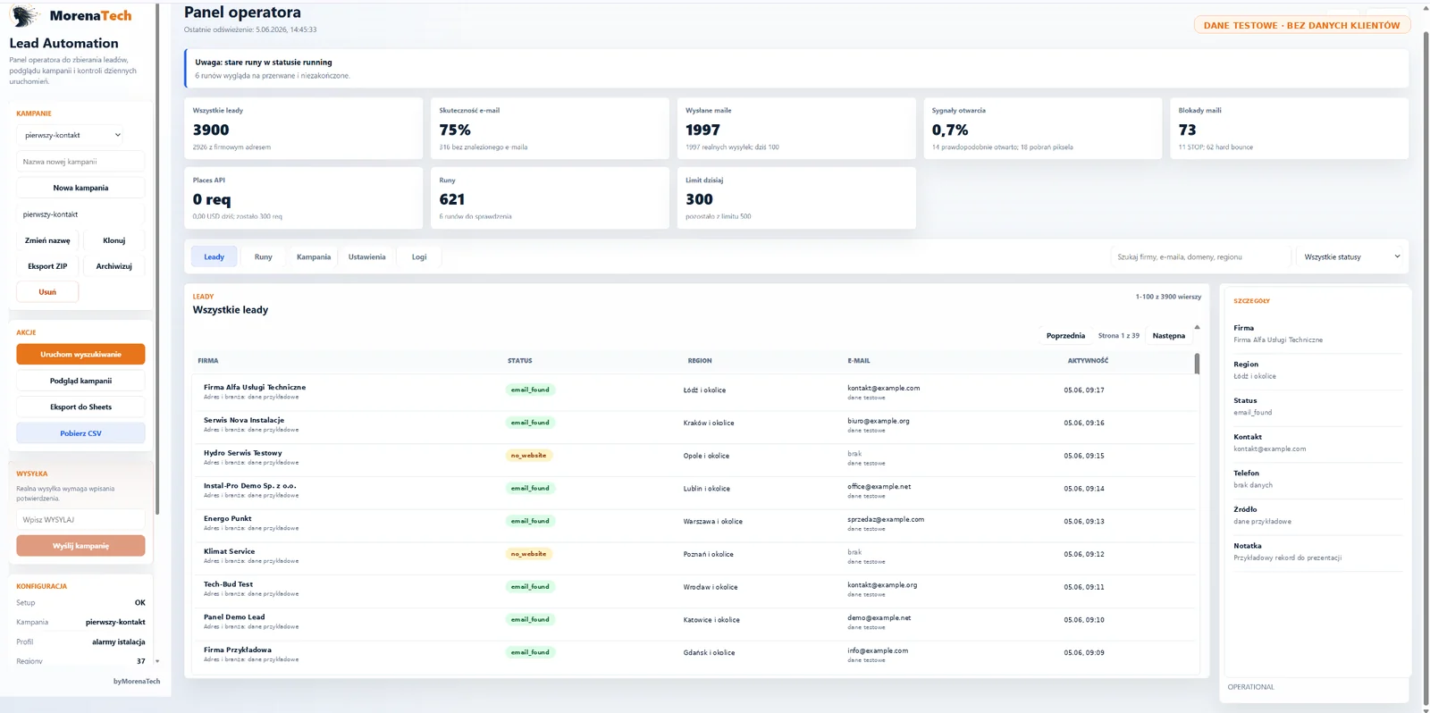 Panel Lead Automation z listą leadów, statusami i szczegółami kontaktu na danych testowych